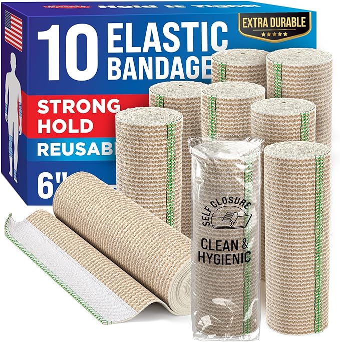 6” Premium Elastic Bandage Wrap - 10 Pack - Hook & Loop Closures - Wide Compression Bandage Wrap - Waist, Legs, Knee, Lymphedema, Body Wrap