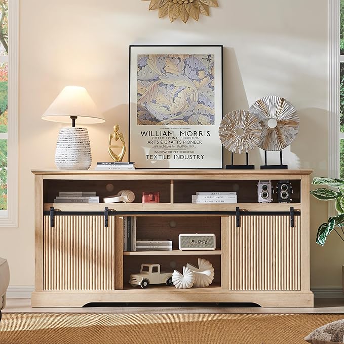 Fluted TV Stand for 75 Inch TVs, 32" Tall Modern Entertainment Center with Waveform Panel Sliding Door, Media Console Cabinet with Storage & Adjustable Shelf for Living Room, 66 inch (Natural)