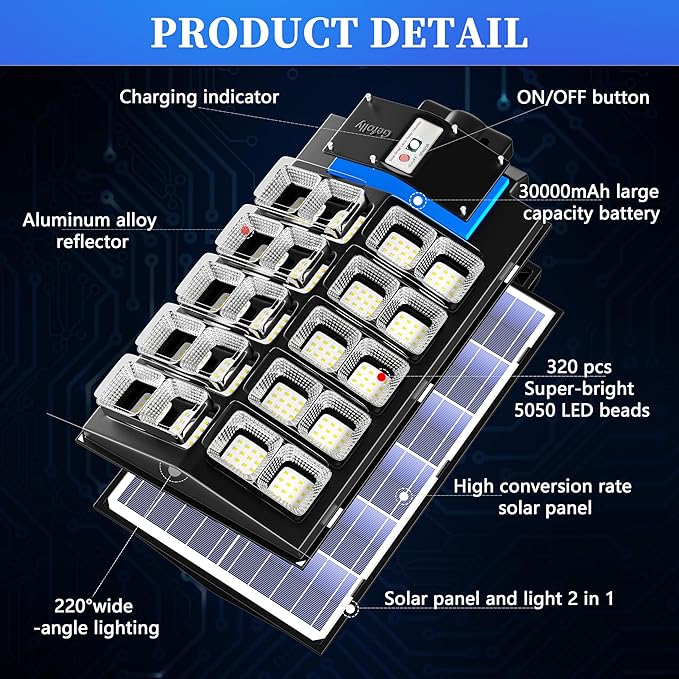 Gefolly SL-5200W Solar Street Lights Outdoor, 520000LM Commercial Parking Lot Light, 6500K Dusk to Dawn IP67 Security Flood Lights Motion Sensor Led Lamp for Basketball Court, Road, Yard