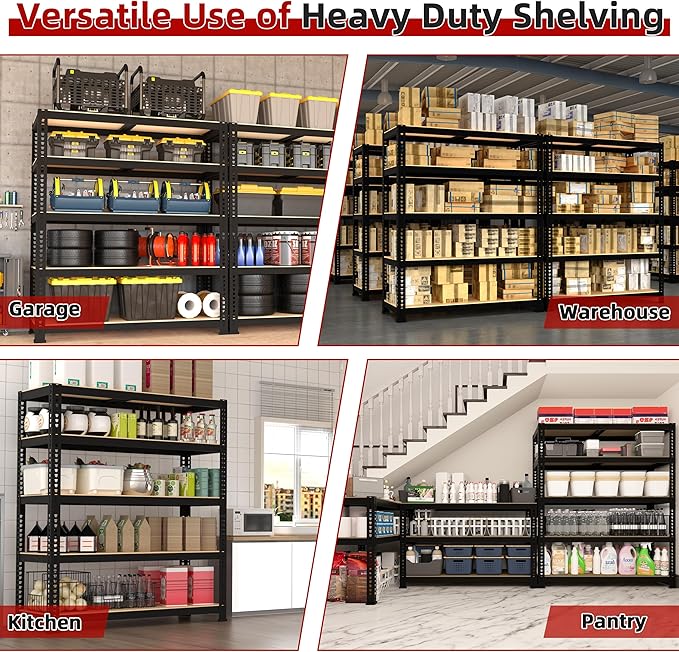 2 Packs 35.5" W x 16" D x 71" H Adjustable Garage Storage Shelves - 5-Shelf Heavy Duty Shelving Unit, Metal Utility Storage Organizer Racks for Warehouse Pantry Closet Kitchen, Black