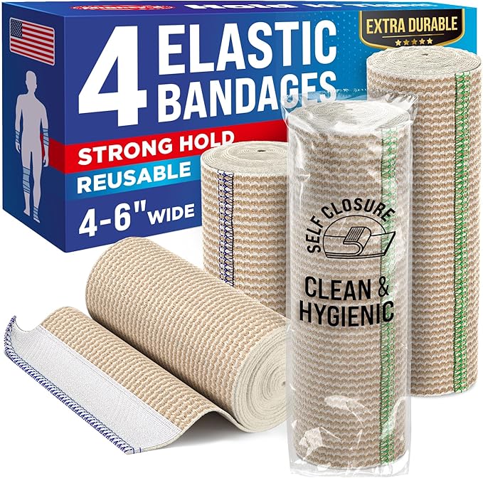 Premium Elastic Bandage Wrap - 4k (2x6in, 2x4in) - Self-Closing Strong Compression Bandage Wrap for Waist, Legs, Elbow and Knee