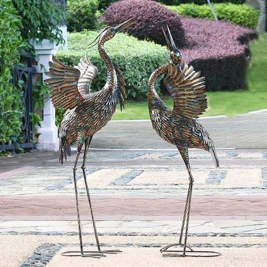 Natelf Garden Crane Statues, Outdoor Large Bird Yard Art Decorations Metal Lawn Ornament for Home Patio Porch Backyard Decorations(Set of 2)