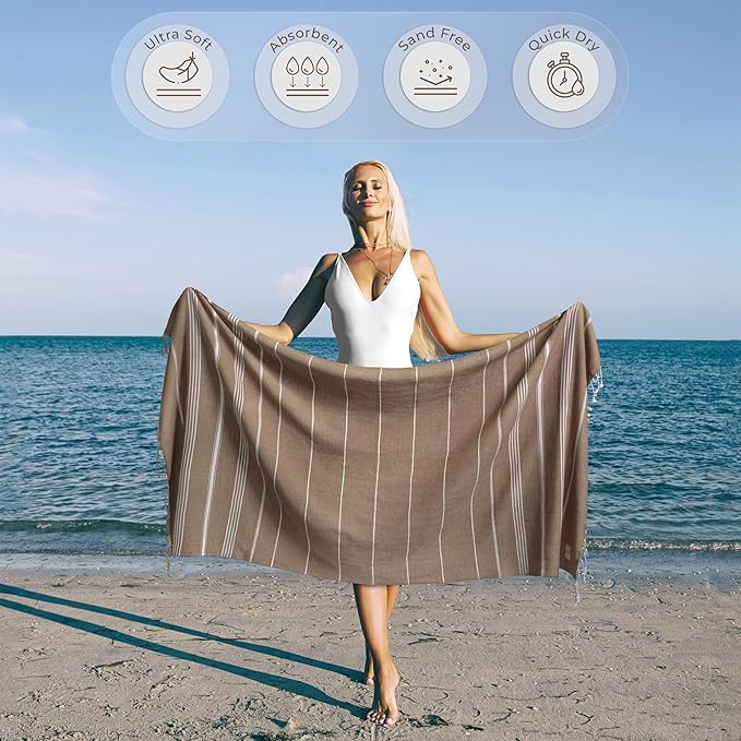 Boho Beach Towel Quick Dry & Absorbent Oversized (39" x 71") - Compact, Versatile and Functional as Camping, Picnic, Beach Blanket, Yoga, Pool, Gym Towels - Latte