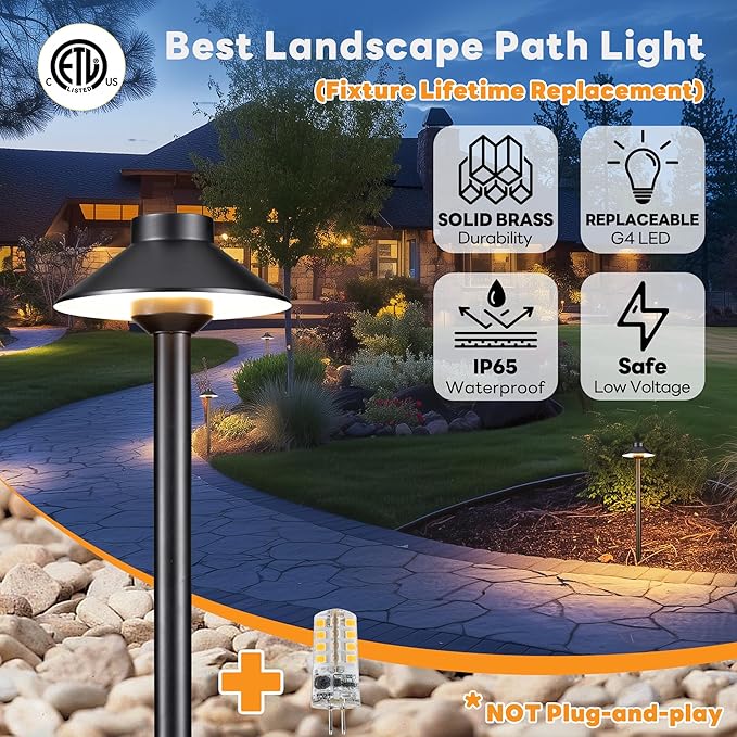 Solid Cast Brass Pathway Light - 12v Landscape Path Lights Outdoor Waterproof, Electric Walkway Lamp Wired, Hat Shape Black Garden Decorations with 3W 2700K Warm White G4 Bulb (12 Pack)