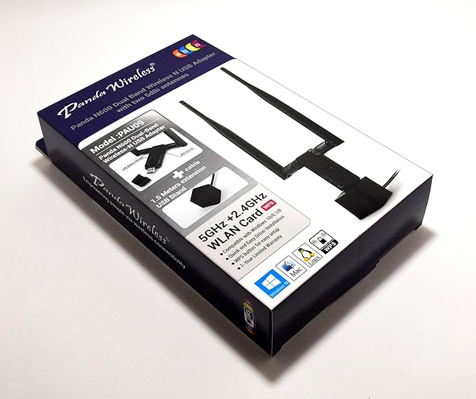 Panda Wireless® PAU09 N600 Dual Band (2.4GHz and 5GHz) Wireless N USB Adapter W/Dual 5dBi Antennas - Windows 7/8/10/11, Zorin, Mint, Ubuntu, openSUSE, Fedora, Centos, Kali and Raspbian