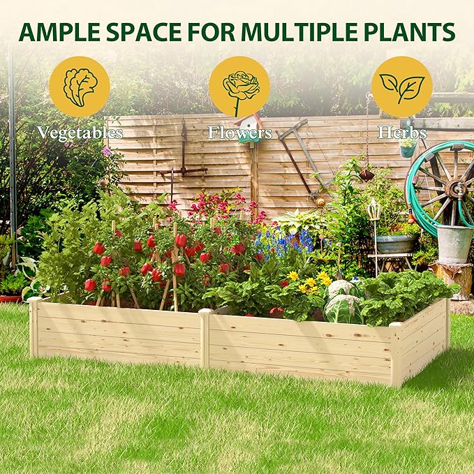 8x4x1.25 FT Outdoor Wooden Raised Garden Bed, Elevated Planter Garden Box Stand Garden Bed Planter for Vegetables, Flowers, Herbs, Ideal for Outdoor Gardening with Open Base, Natural