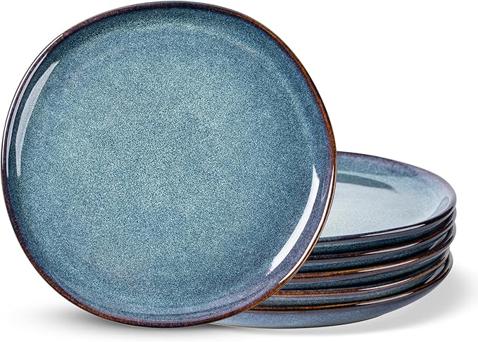AmorArc Ceramic Dinner Plates Set of 6, 10.5 Inch Handmade Reactive Glaze Stoneware Plates, Rustic Shape Dinnerware Dish Set for Kitchen, Microwave & Dishwasher Safe, Scratch Resistant