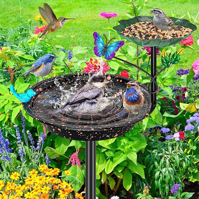 Metal Bird Bath for Outside Garden Birdbath Bowl, Freestanding Bird Feeders for Outdoors with 5 Prongs Base Stake, Standing Birdfeeders Birdbath Bowl for Yard Decor (2-in-1)