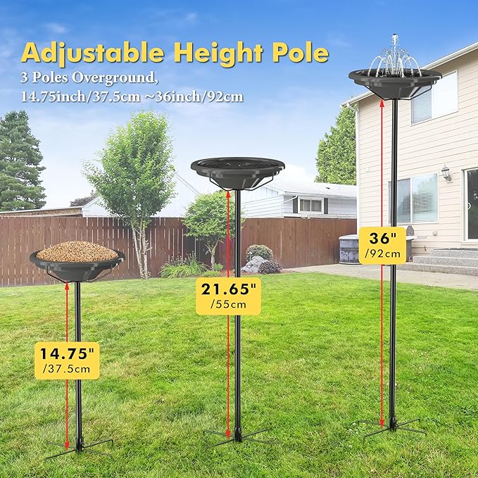 iBorn Bird Bath for Outside,36″ Metal Freestanding Bird Bath,12″ BPA-Free Bowl,Bird Bath with 3 Adjustable Height Pole,Detachable Bird Bath for Outdoors,5-Prongs Base,Gray,1 Pack（Not Include Fountain）