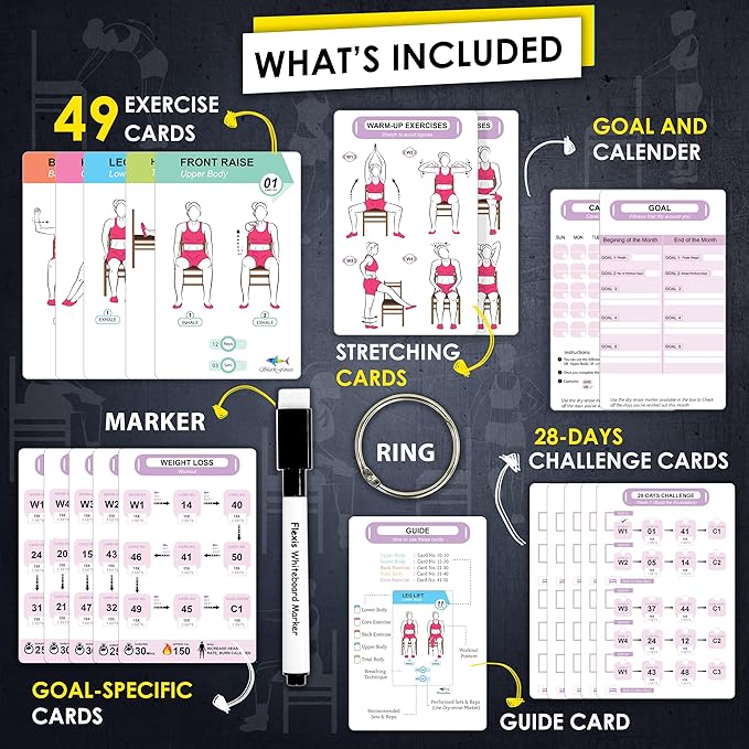 Chair Yoga Workout Cards – 58 Seated Exercise Cards for Strength, Flexibility & Weight Loss | Includes Postures, Instructions & Breathing Tips | Free Ring & Dry-Erase Marker to Customize 28 Day Chair Workout Chart