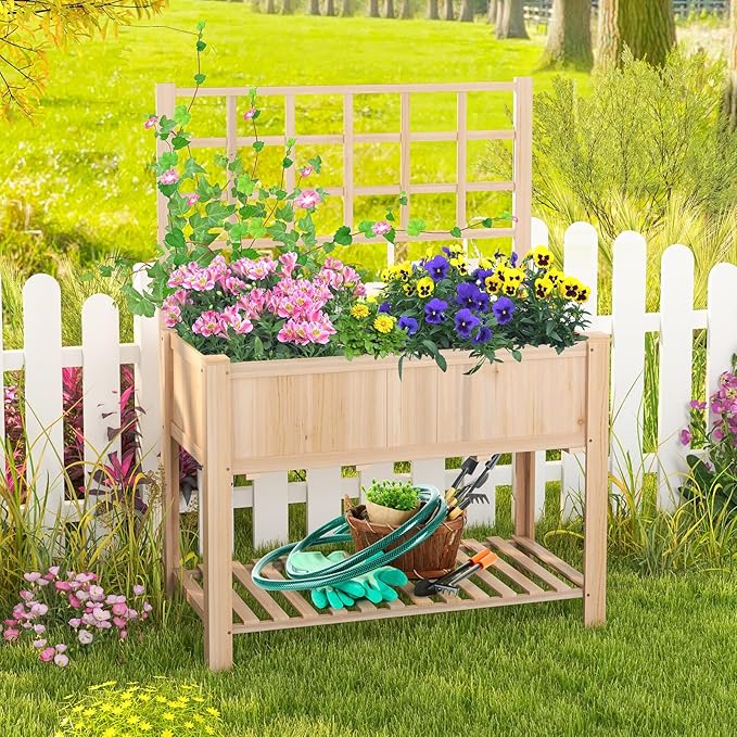 S AFSTAR Raised Garden Bed with Trellis, 42x21x58in Elevated Planter Box with Legs, Bottom Storage Shelf, Planter Liner, Wood Standing Planter Stand for Climbing Plants Flowers Vegetables Herbs