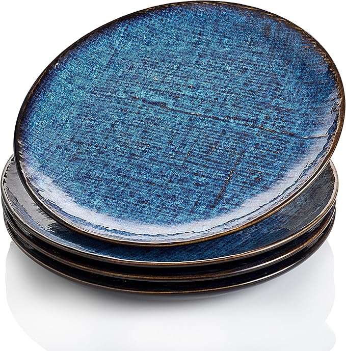 Ceramic Dinner Plates Set of 4, 8 Inch Porcelain Pasta and Salad Plates, Stoneware Plate Set for 4, Handmade Round Dishes for Home Decor, Microwave,Oven,and Dishwasher Safe, Blue