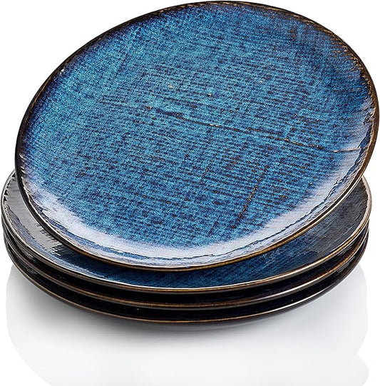 Ceramic Dinner Plates Set of 4, 8 Inch Porcelain Pasta and Salad Plates, Stoneware Plate Set for 4, Handmade Round Dishes for Home Decor, Microwave,Oven,and Dishwasher Safe, Blue