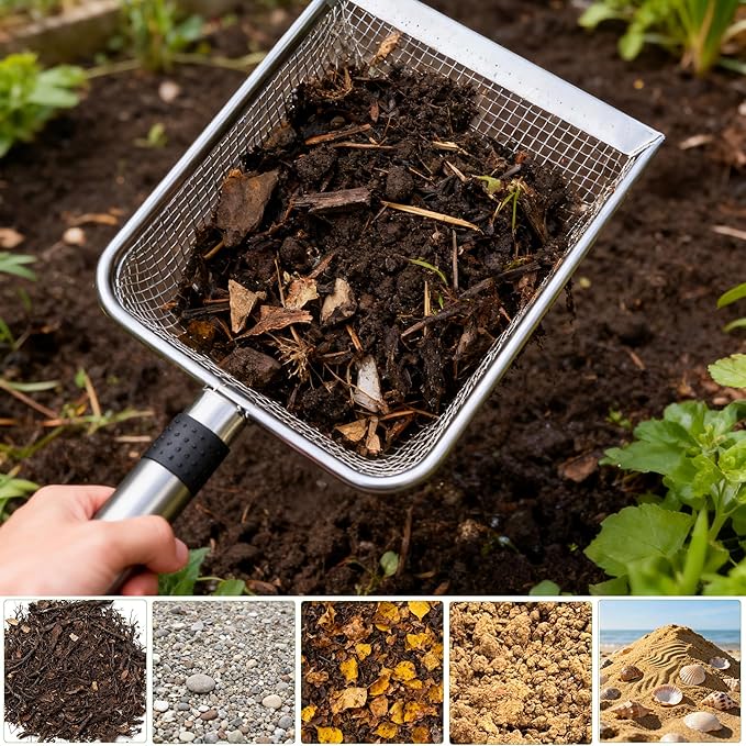 6-Pack Gardening Tool Set: Soil Sifter (3.8&5mm Mesh), Garden Trowel, Soil Scoops & Repotting Mat - Stainless Steel Sifter Shovel for Sand, Dirt, Compost, Rock, Beach, Shells, Shark Tooth & Cat Litter