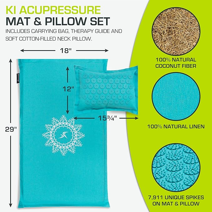 ProsourceFit Ki Acupressure Mat and Pillow Set with 100% Natural Linen for Back/Neck Pain Relief and Muscle Relaxation, Bahama Blue