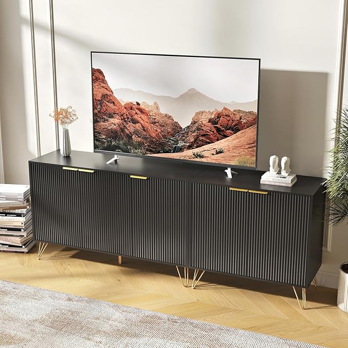 TV Stand for 75 inch TV Modern Entertainment Center Cabinet with 5 Doors Wood Media Console Storage Cabinets for Living Room Bedroom, Black
