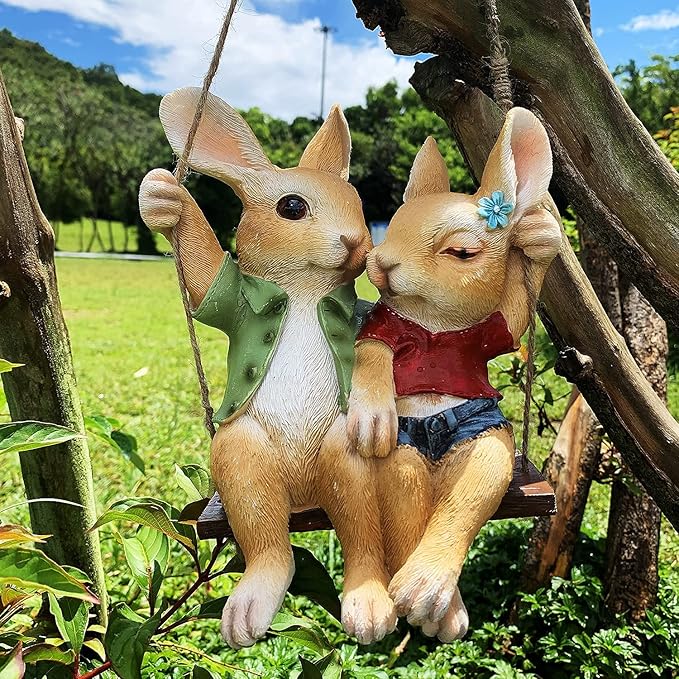 iRonrain Garden Statue Swing Bunny Couples, Indoor Outdoor Hanging Rabbits Lover Sculpture Funny Simulation Art Décor Figurine Ornament for Fence Pathway Backyard Landscape Tree Decorations