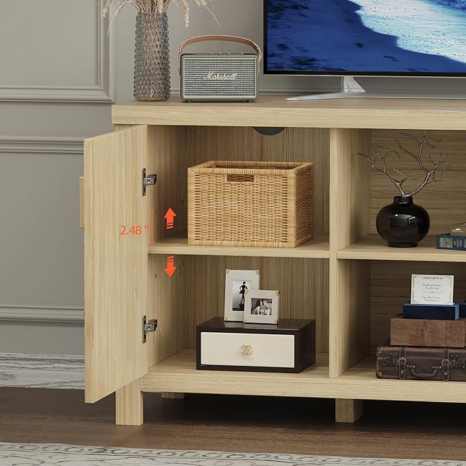 TV Stand for 65 inch TV, Modern Mid Century Entertainment Center with Storage, Media Consol with Natural wood rattan Door Cabinets and Open Shelves, Wooden, for Living Room, Bedroom, MLTV21YR