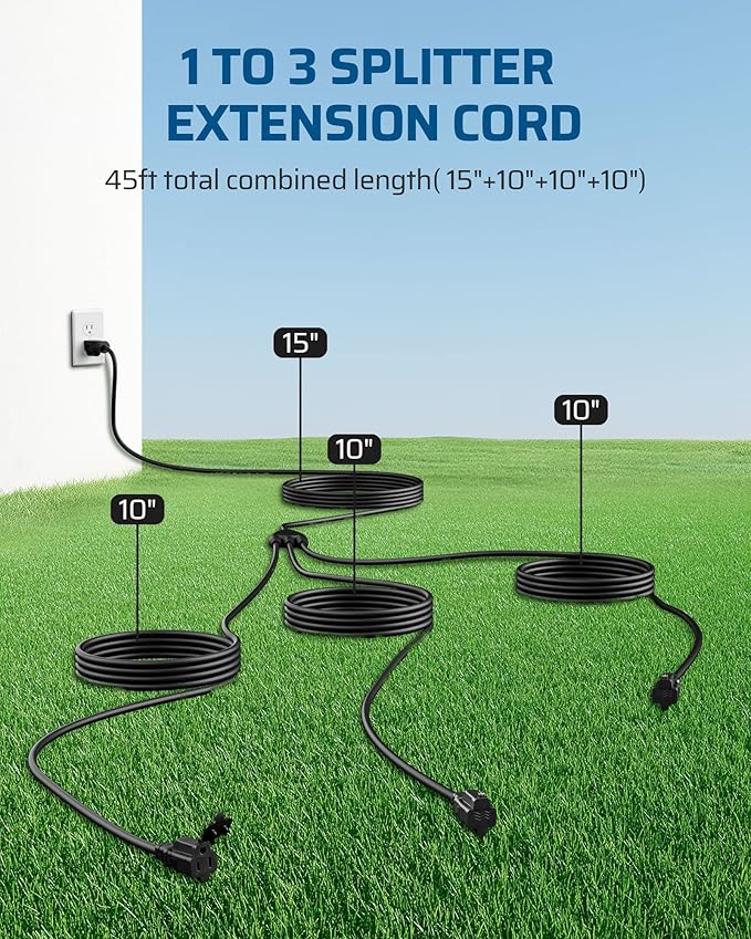 DEWENWILS Outdoor Extension Cord Multiple Outlets 45ft, Evenly Spaced 3 Outlets Plugs with Safety Cover, 16/3 SJTW Weatherproof Wire for Christmas Lights Holiday Decorations