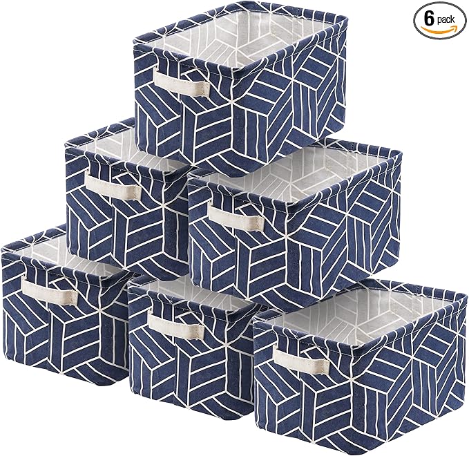 CROWNED 6 Pcs Storage Basket Foldable Cube Fabric Bins Square Mini Box Receive Organizer Rectangle Canvas with Handles for Home Office Books Small 11x8x6.3 inch Navy