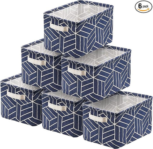 CROWNED 6 Pcs Storage Basket Foldable Cube Fabric Bins Square Mini Box Receive Organizer Rectangle Canvas with Handles for Home Office Books Small 11x8x6.3 inch Navy