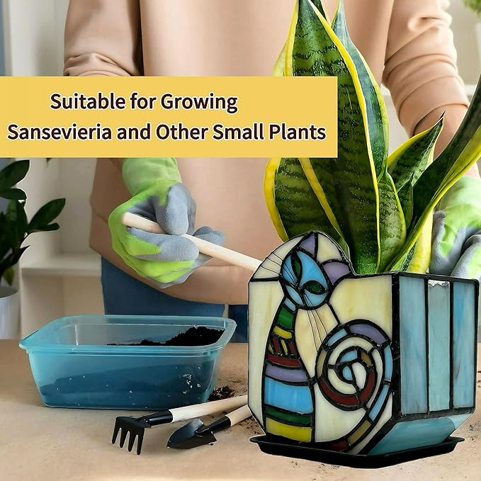 Stained Glass Cat Unique Plant Pot, Indoor Planter with Drainage and Tray,Succulent Plants Flower Pot,Cat Lover Gifts,4.6x3x5.15 in