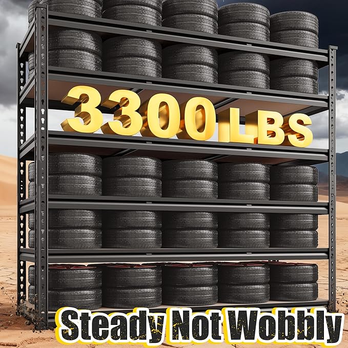 REIBII 6-Tier Garage Shelving, 84" H Storage Shelves Load 3300LB, Adjustable Metal Shelving, Large-Capacity Garage Shelves for Basement, Warehouse, 48.2" W X 84" H X 24" D, Black