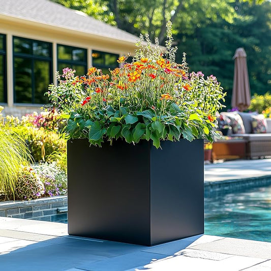 Large Square Planter 17" W x 18" H, Cube Metal Planter Pot with Drainage Holes for Indoor and Outdoor All-Weather Use, Large Flower Pots Large Planters for Outdoor Plants