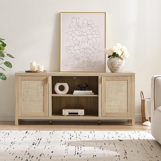 SICOTAS Rattan TV Stand for Living Room - 26" Tall TV Console Cabinet with Storage and Adjustable Shelf, Boho Entertainment Center, 59" Media Console for 50, 55, 65 Inch TV, Light Oak