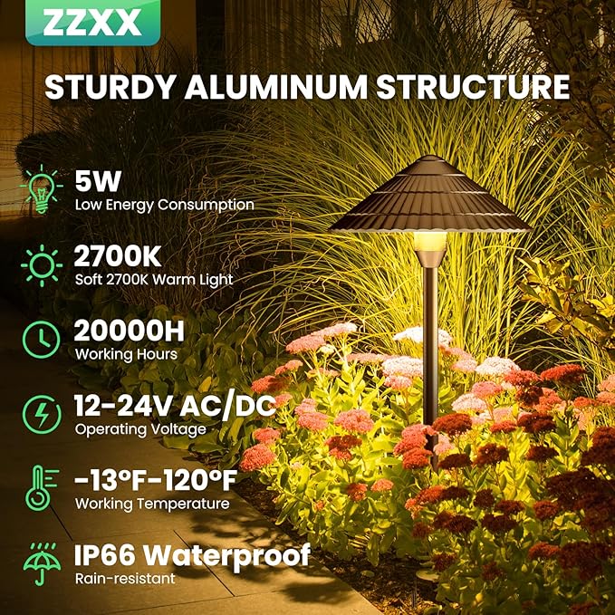 ZZXX LED Low Voltage Pathway Lights 5W 2700K LED Outdoor Landscape Lighting with Photocell 12-24V Cast-Aluminum Low Voltage Lights IP66 Waterproof Landscape Spotights for Path Garden Yard,12 Pack