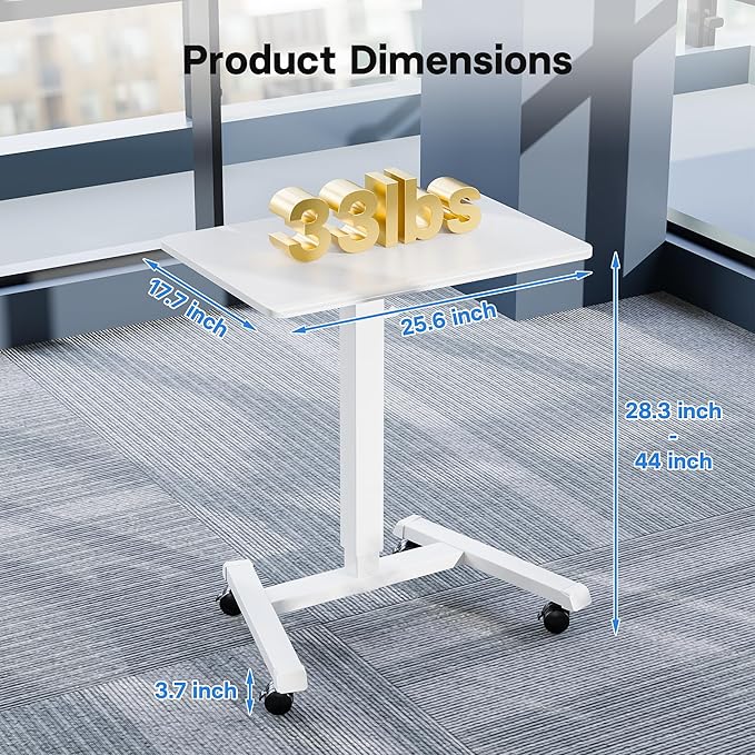 BONTEC Mobile Standing Desk Adjustable Height, Rolling Laptop Cart with Hook, Portable Workstation with Pneumatic Lift, Ergonomic Table with Wheels, Compact Home Office Desk, White 25.6" x 17.7"