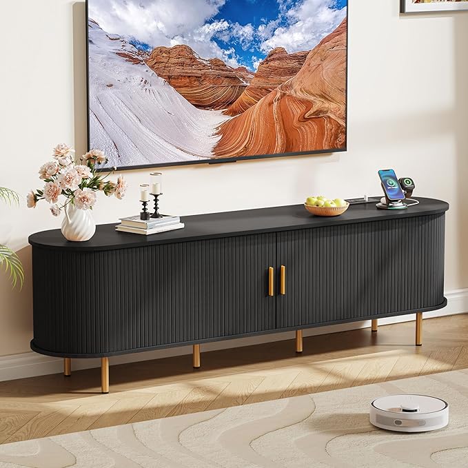 DHH 70 inch Tv Stand Cabinet with Storage,Fluted Tv Console Entertainment Center with Storage Adjustable Shelves, Modern Vintage with Sliding Doors tv Stand for Living Room (Black, 70 Inch)