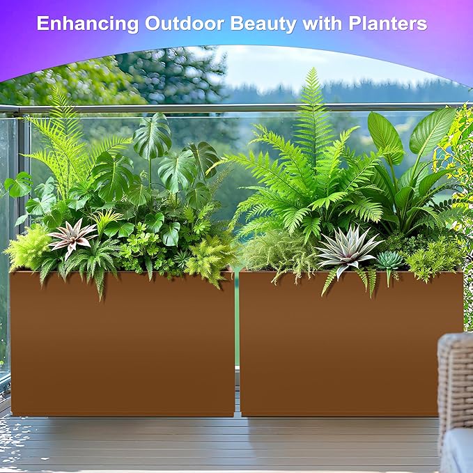 Tall Metal Planter, 12" W×24" H Large Rectangular Planter Box for Outdoor or Indoor, All-Weather Durable Plant Box with Drainage Holes & Removable Shelf for Patio, Porch, Garden, Trees, Flowers