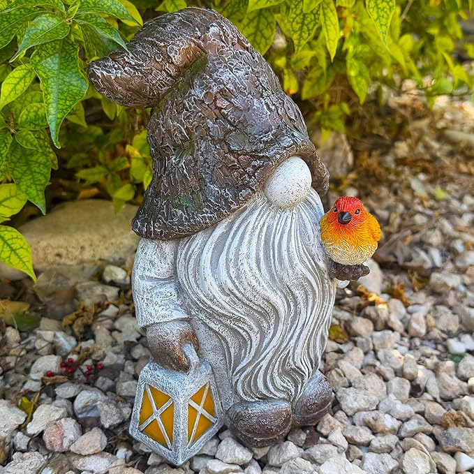 Mood Lab Garden Gnome - Stone Gnome Figurine - 9.1 Inch Tall Lawn Statue with Bird - for Outdoor or House Decor