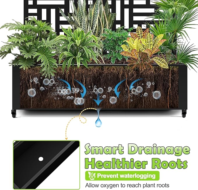 15.7"×70.9"×47.2" Metal Raised Garden Bed with Trellis and Wheels - Tall Trellis Planter Box for Climbing Plants, Vegetables & Vines - Outdoor Privacy Planters for Patio (Black-Helen)