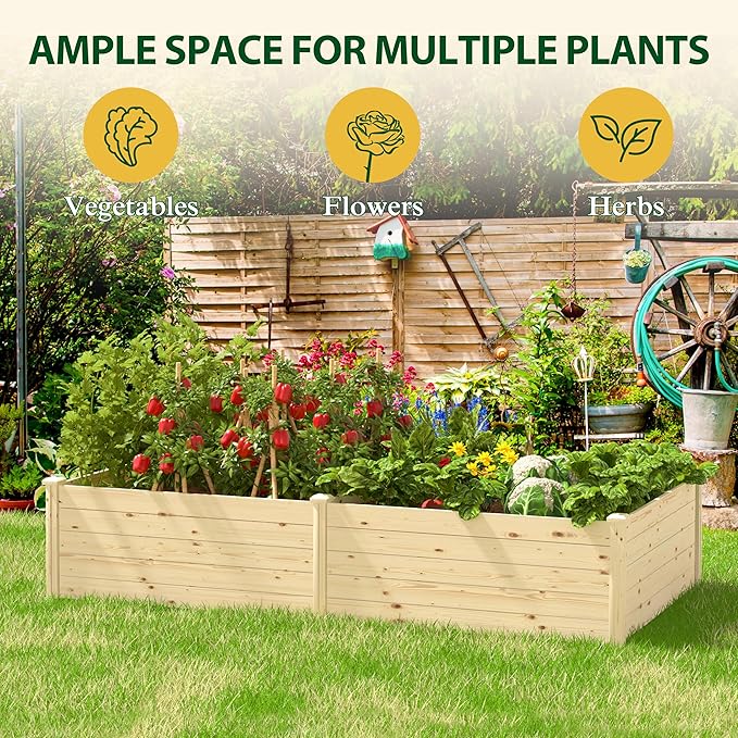 8x4x1.5 FT Wood Raised Garden Beds Outdoor, Elevated Planter Raised Bed with Open Base for Vegetables, Flowers, Herbs, Ideal for Outdoor Gardening, Backyard, Patio, Natural