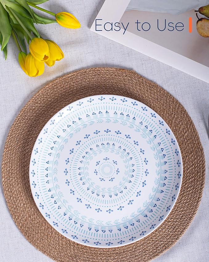 10.5 inch Dinner Plate Set of 6, Lightweight Round Opal Glass Dinnerware Plates, Dishwasher and Microwave Safe, Navy Geometric Floral Mandala Pattern