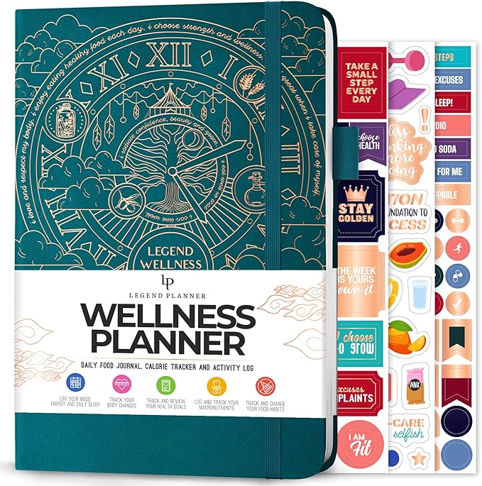 Legend Wellness Planner & Food Journal – Daily Diet & Health Journal with Weight Loss, Measurement & Exercise Trackers – Lifestyle & Nutrition Diary – Lasts 6 Months, A5 size – Dark Teal