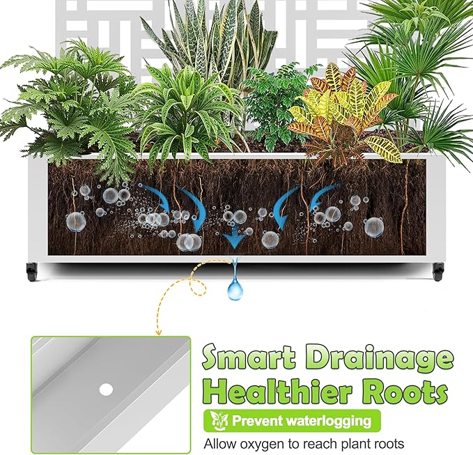 15.7"×70.9"×47.2" Metal Raised Garden Bed with Trellis and Wheels - Tall Trellis Planter Box for Climbing Plants, Vegetables & Vines - Outdoor Privacy Planters for Patio (White-Helen)