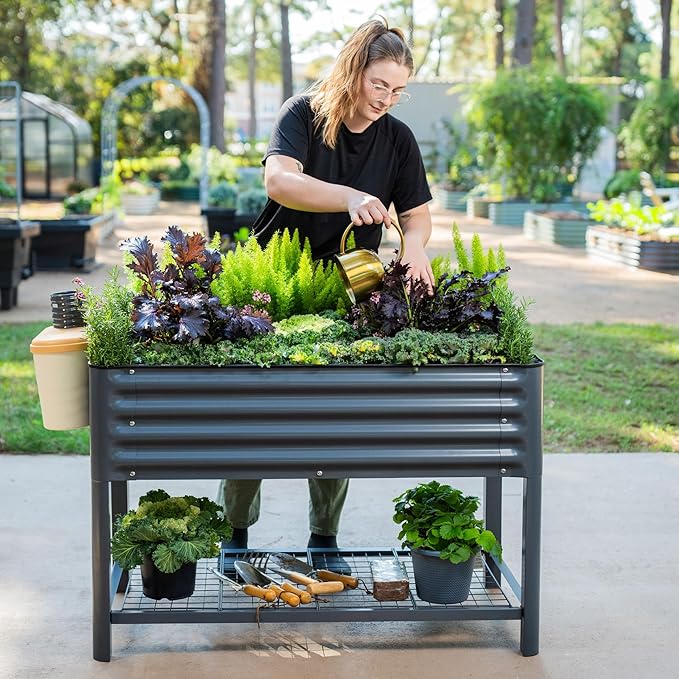 Elevated Raised Garden Bed-V Series, 2' x 4' Garden Beds with Legs & Storage Rack for Patio Porch, 700 Lbs Weight Capacity, Outdoor Planter Boxes for Gardening Herbs Vegetables Flowers, Modern Gray
