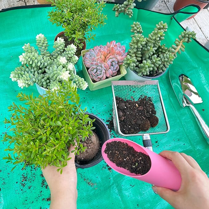 6-Pack Gardening Tool Set: Soil Sifter (3.8&5mm Mesh), Garden Trowel, Soil Scoops & Repotting Mat - Stainless Steel Sifter Shovel for Sand, Dirt, Compost, Rock, Beach, Shells, Shark Tooth & Cat Litter