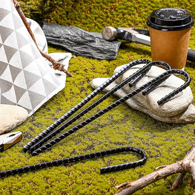 Sadnyy 36 Pcs 12 Inch Rebar Stakes Metal Chain Link Anchors for Ground Fence Garden Heavy Duty J Hook Black Steel Tent Post Stake with Chisel Point End Anchor Curved Plant Support for Trampoline