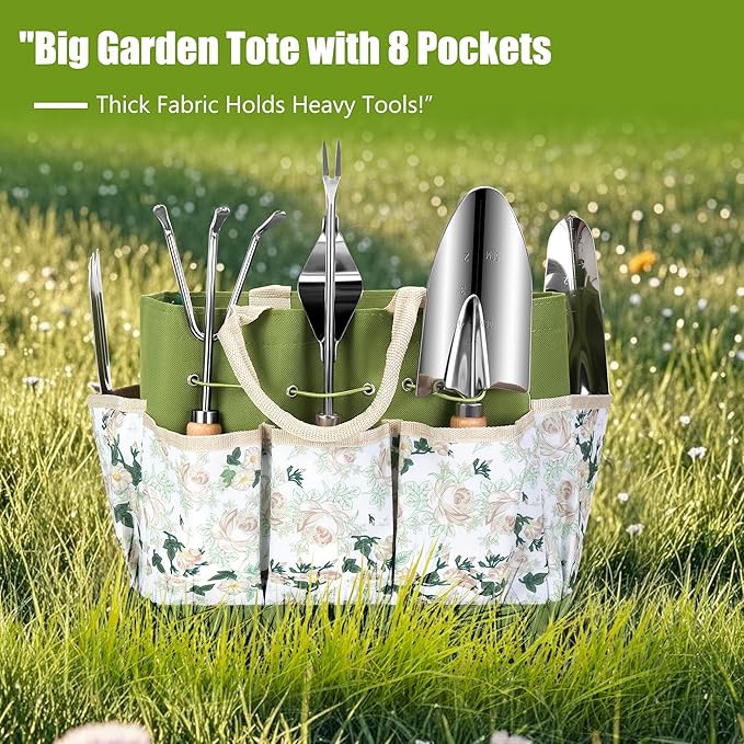 Garden Tools Set 10-Piece, Heavy Duty Stainless Steel Garden Hand Tools with Floral Tote Bag - Rust-Proof Garden Tools for Gardening, Gardening Gifts for Women Mom