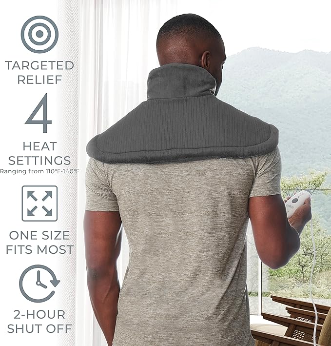 Pure Enrichment PureRelief Neck & Shoulder Heating Pad - 4 Heat Settings, Auto Shut-Off, Universal Fit, Magnet Closure, Soft Micromink, Storage Bag, 5-Year Warranty, Machine Wash (Charcoal Gray)