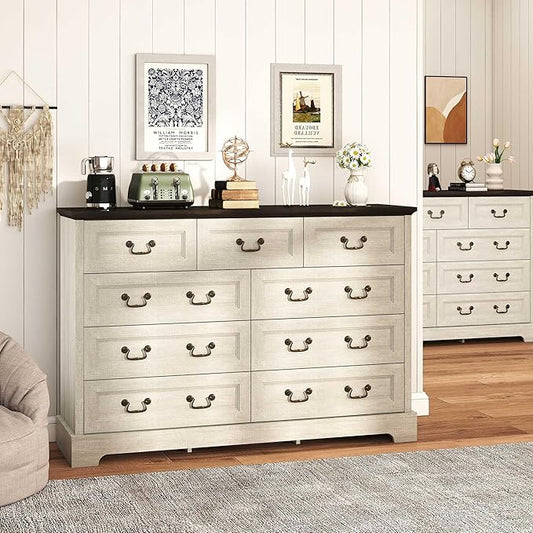 Farmhouse 9-Drawer Dresser, Rustic Wooden Chest of Drawers with Metal Handles, Wide Storage Dresser TV Stand for Bedroom, Living Room, Hallway, Dining Room, (Grey)