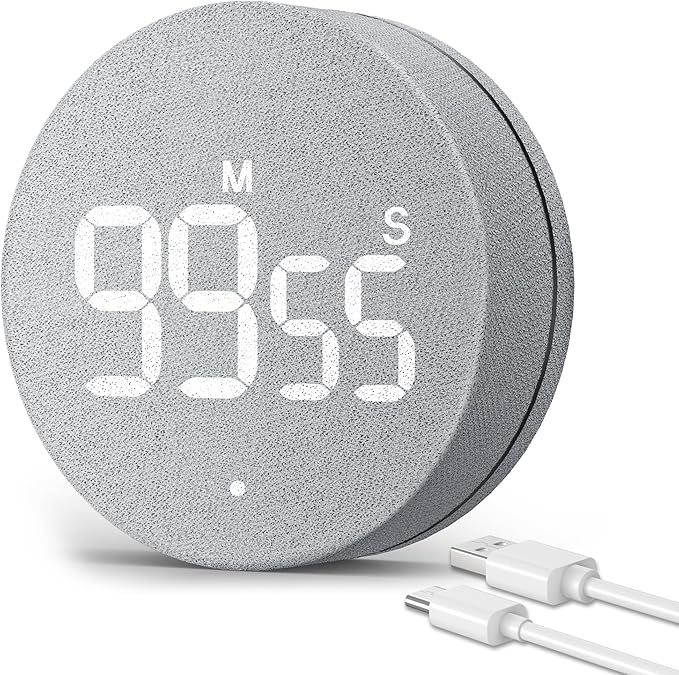 AVINIA Fabric Digital Kitchen Timer, Rechargeable with Large LED Display 0-99Mins, Magnetic Countdown Timers for Home Classroom Office Fitness Grey