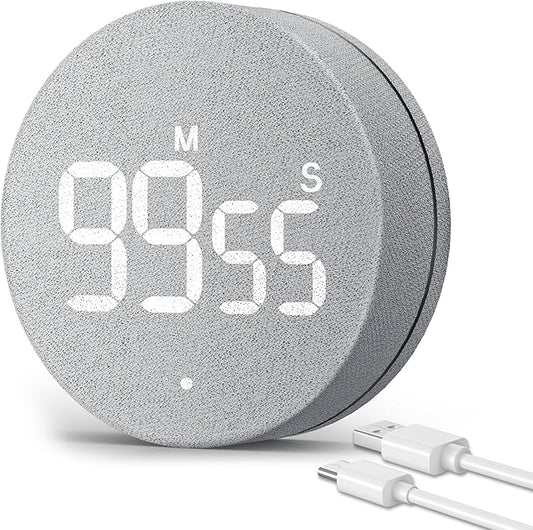 AVINIA Fabric Digital Kitchen Timer, Rechargeable with Large LED Display 0-99Mins, Magnetic Countdown Timers for Home Classroom Office Fitness Grey