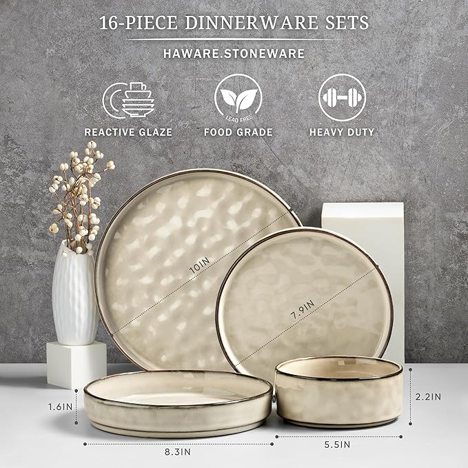 HaWare Dinnerware Sets, 16-Piece Plates and Bowls Set, Stoneware Dish Set for 4, Ceramic Dishware Set for Pasta Cereal, Chip and Scratch Resistant, Microwave and Dishwasher Safe, Saturn Khaki