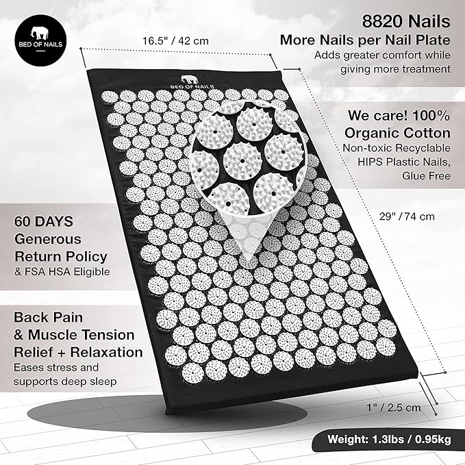 Bed of Nails The Original Premium Acupressure Mat, 8,820 Acupuncture Pressure Points for Back Pain Relief, Increased Energy, Relaxation, with Drawstring Bag, 29 x 16 x 1, Jet Black