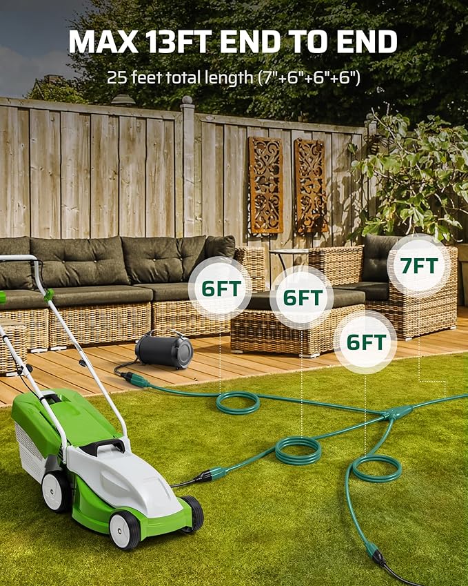 DEWENWILS 25Ft Outdoor Extension Cord Multiple Outlets, Evenly Spaced 3 Outlets Plugs with Safety Cover, 16/3 SJTW Weatherproof Wire for Outdoor String Lights and Holiday Decorations